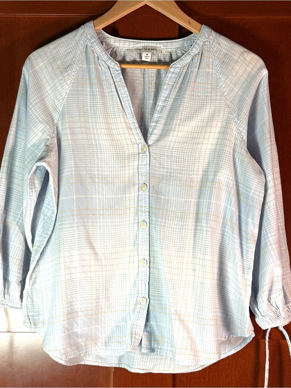 Free Assembly Plaid Cotton Blouse Medium Blue 3/4 Tie Sleeve Button Front